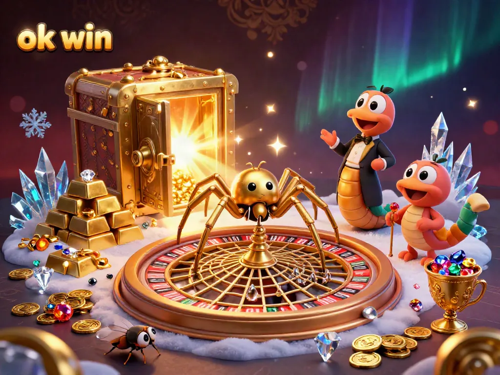 Experience lively gameplay at ok win with a cartoon spider and fly in a vibrant casino scene.