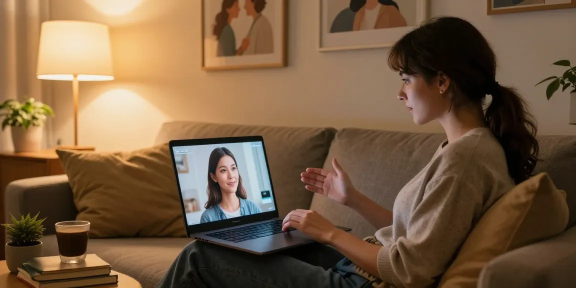 A user interacting with an AI girlfriend on a laptop in a cozy living room, highlighting the concept of ai gf.