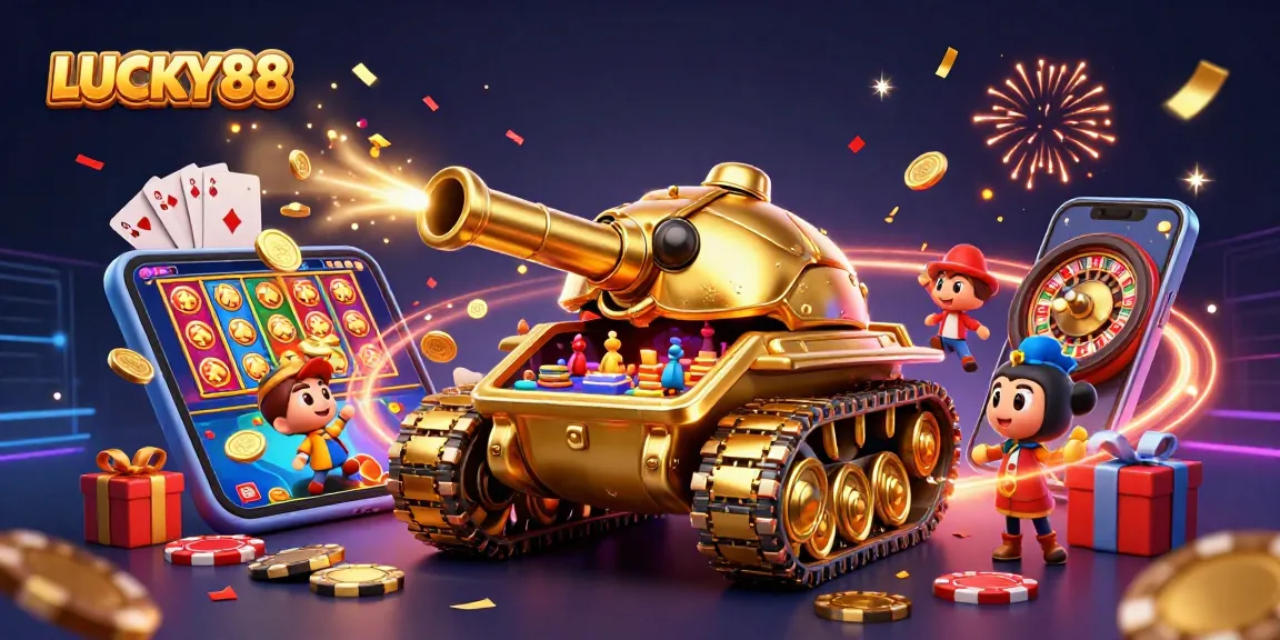 Win exciting games at LUCKY88 with vibrant 3D casino illustration and festive elements.