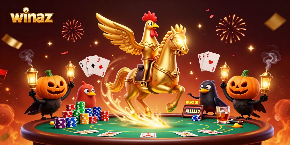 Experience thrilling poker action at winaz with a golden rooster and spectral horse in a vibrant casino scene.