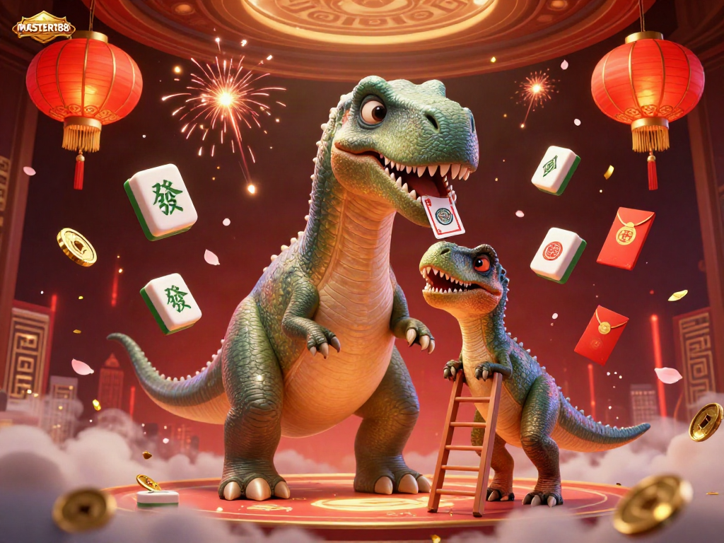 Engage with MASTER188's vibrant casino featuring a brontosaurus overseeing a card deal, bursting with lucky symbols.