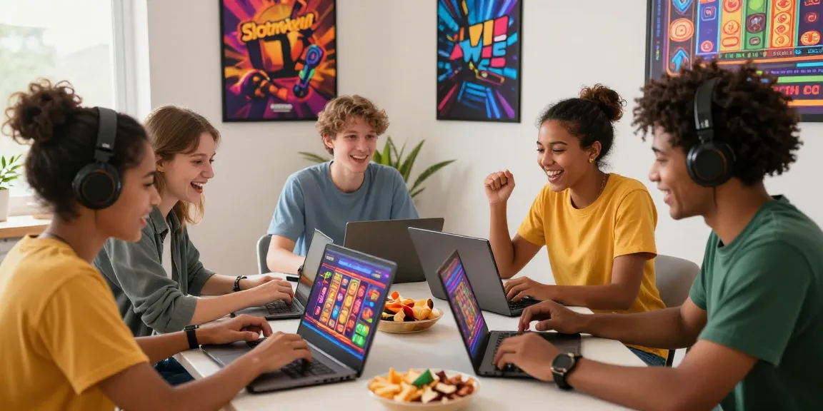 Exciting Slotmaxwin gaming scene with friends strategizing in a vibrant environment