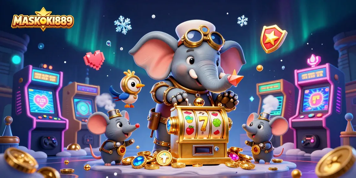 Spin the reels on MASKOKI889 and win big with a vibrant, animated casino scene.