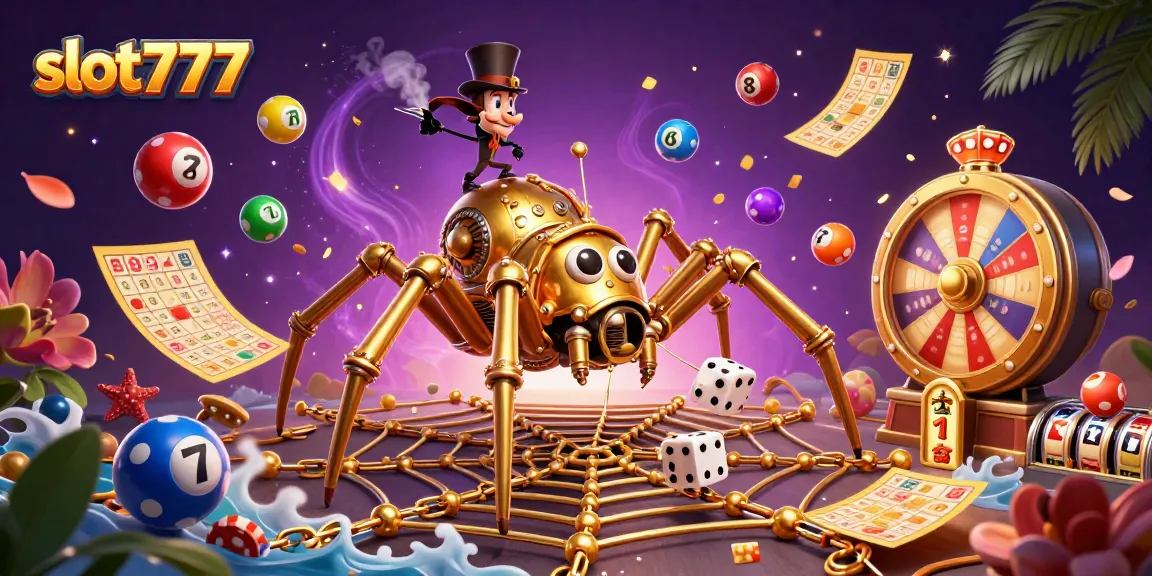 Engage with slot777's vibrant world of games, featuring a golden spider web and jackpot elements.