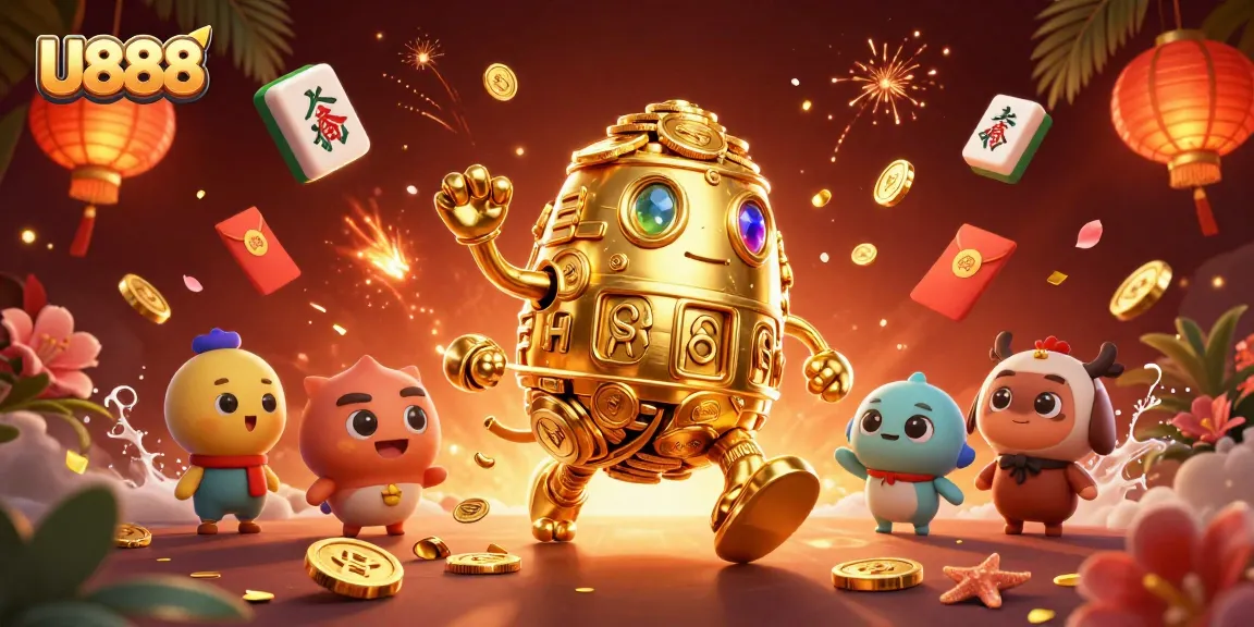 Experience thrill with U888, featuring a golden golem and festive game elements in vibrant 3D style.