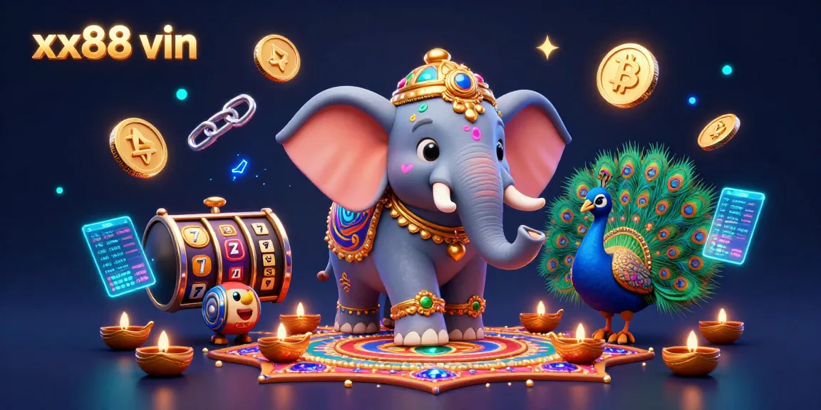 Experience the vibrant gambling world of xx88 vin with a festive Diwali-themed elephant amidst captivating slot and crypto elements.