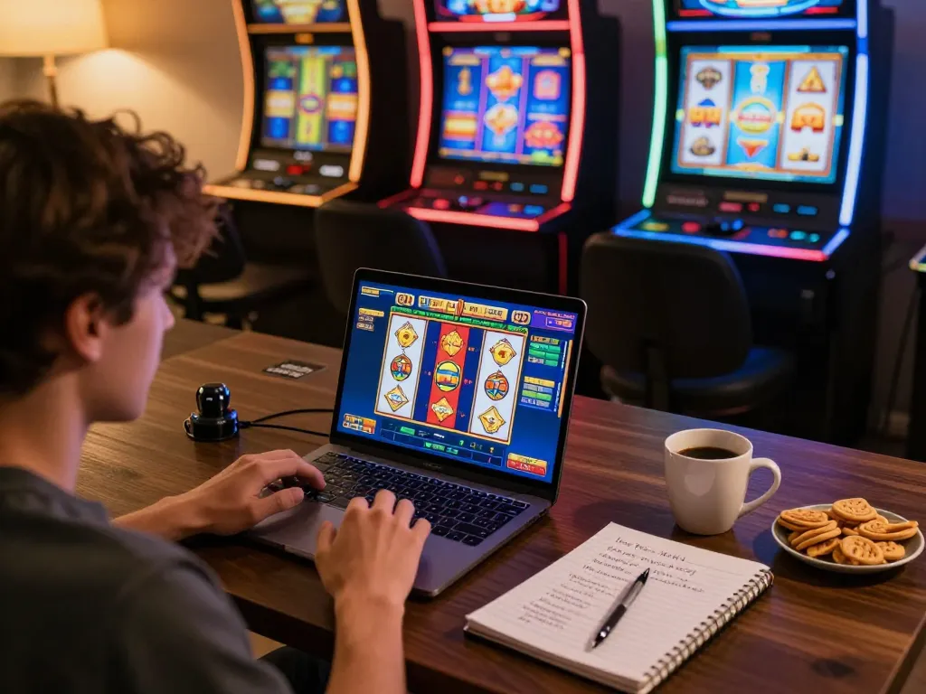 Player engaging with Slot Resmi game on laptop in comfortable home setting, demonstrating strategic gameplay.