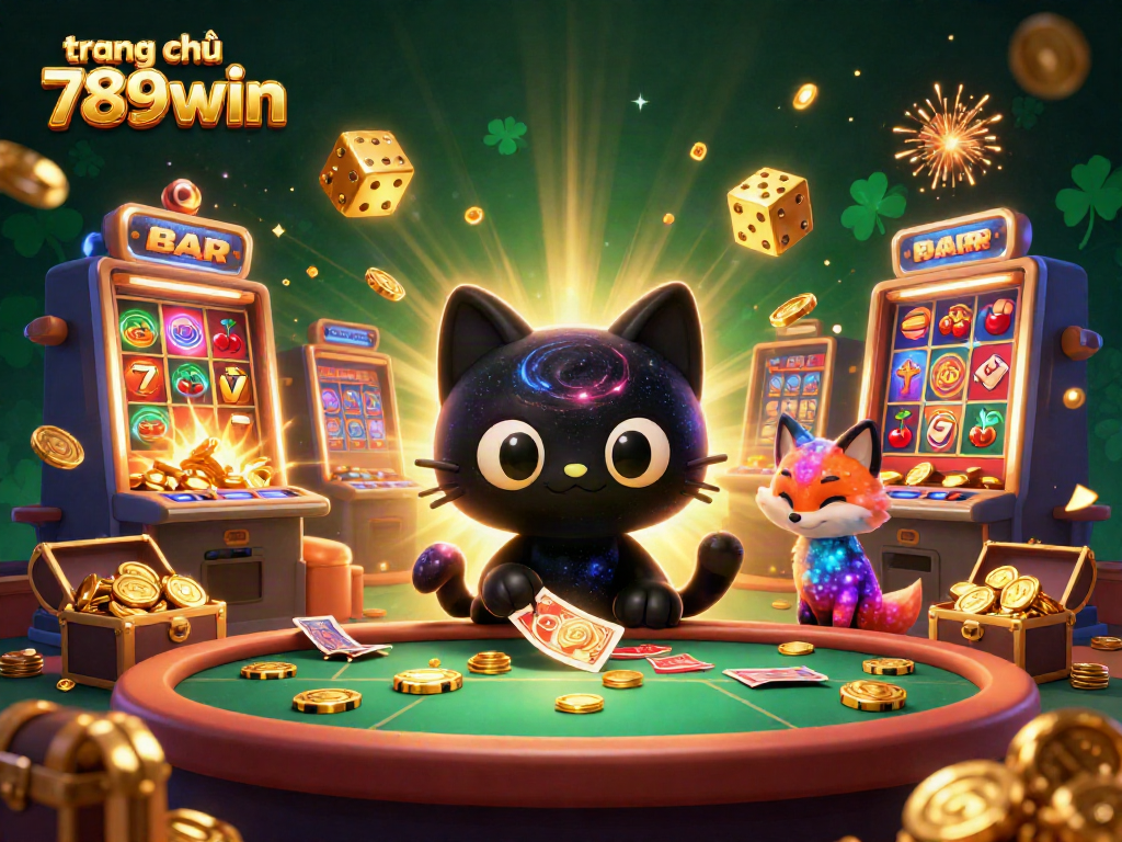 Engage with the cosmic surprises of trang chủ 789win featuring a black hole cat and colorful casino elements.