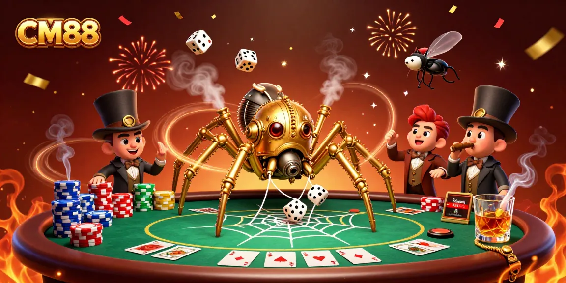 Engage in thrilling gameplay at CM88 with a steampunk spider capturing dice amidst a joyful casino scene.