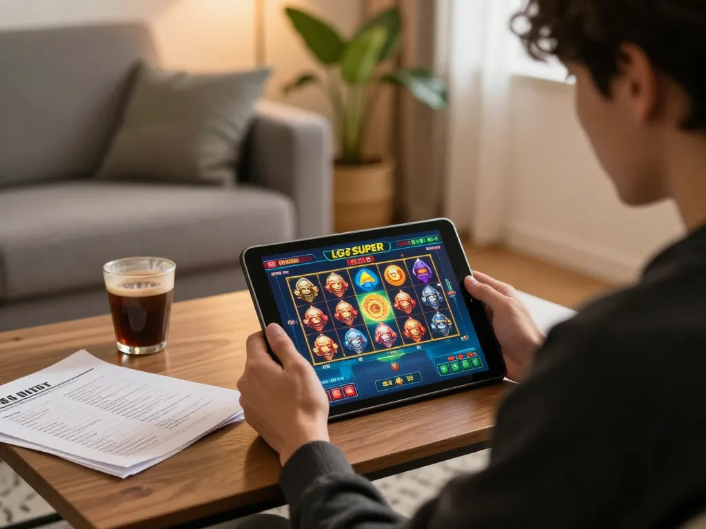 LGO SUPER player enjoying thrilling slot game with tablet in cozy home atmosphere.