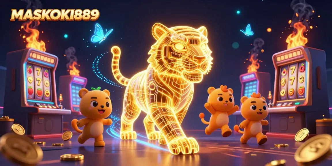 Experience the vibrant energy of MASKOKI889 with a light-powered tiger and jackpot symbols in a thrilling casino scene.