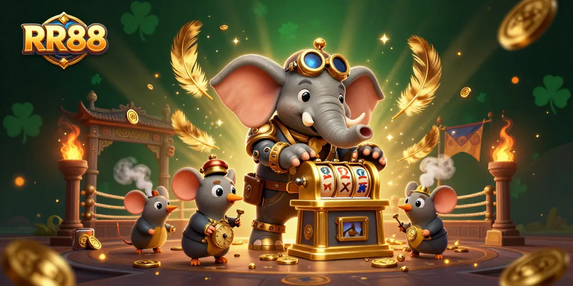Experience exciting games at RR88 with a steampunk elephant, golden slot machines, and rich casino elements.
