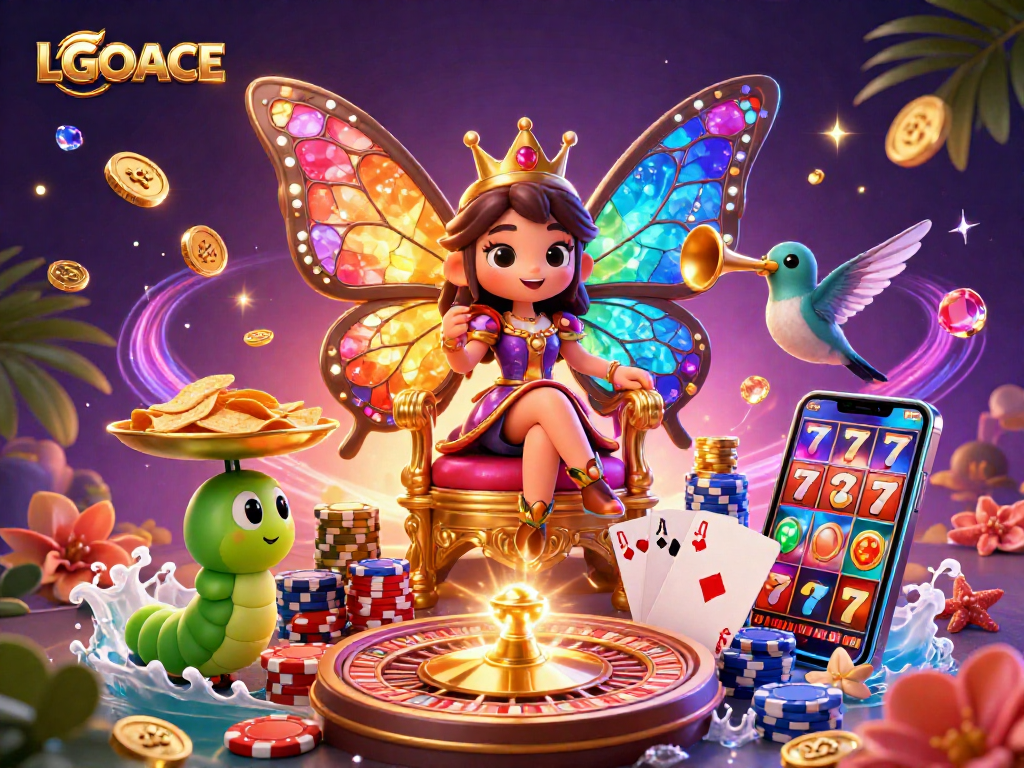 LGOACE showcases vibrant casino excitement with a butterfly queen and dynamic gaming elements.
