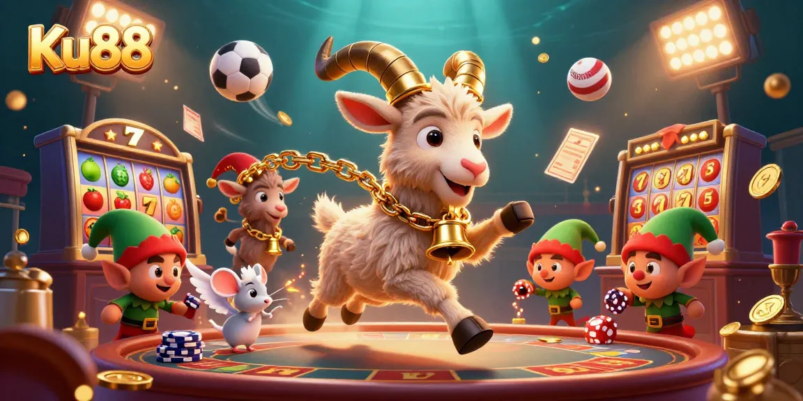 Experience the thrill of Ku88 with a lively 3D scene showcasing festive characters in a vibrant casino atmosphere.