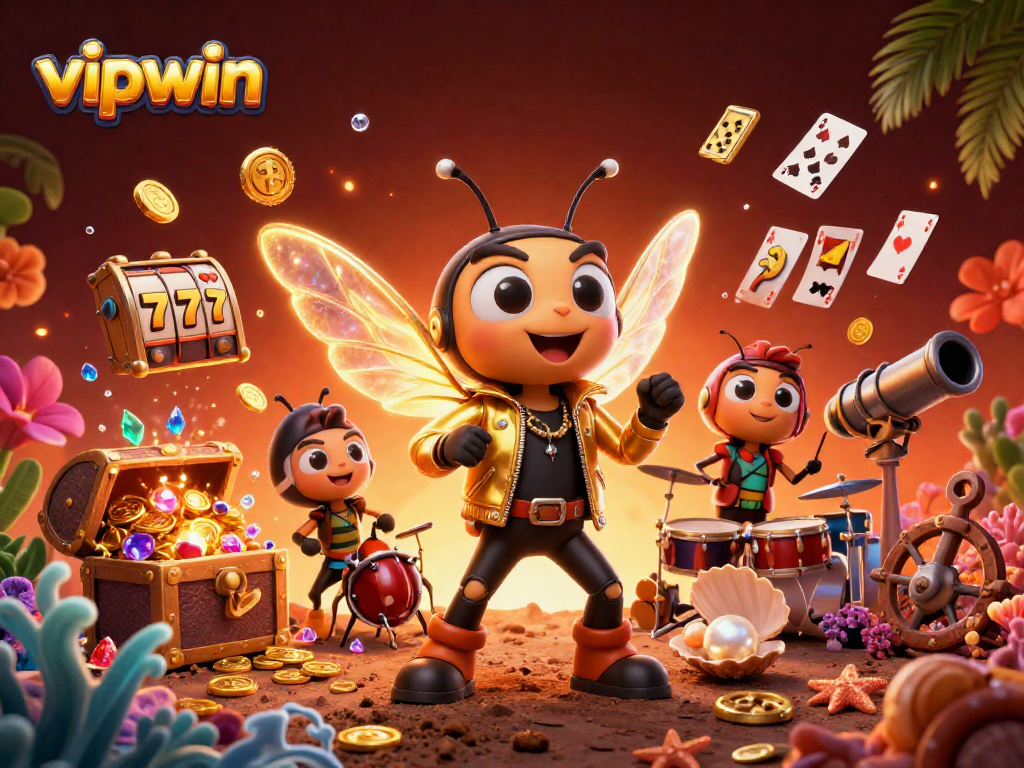 Experience thrilling action at vipwin with a vibrant 3D casino scene featuring lively characters and game elements.