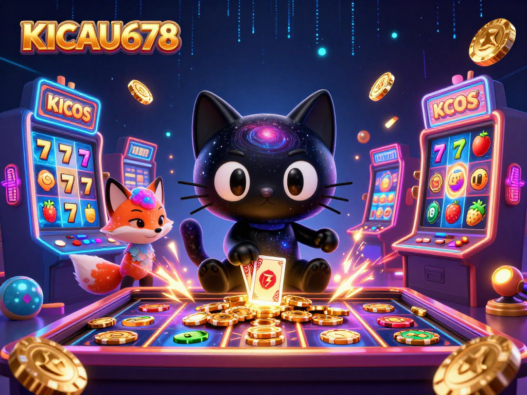 KICAU678's cosmic slot gaming, featuring a black hole cat at a slot table with vibrant elements.