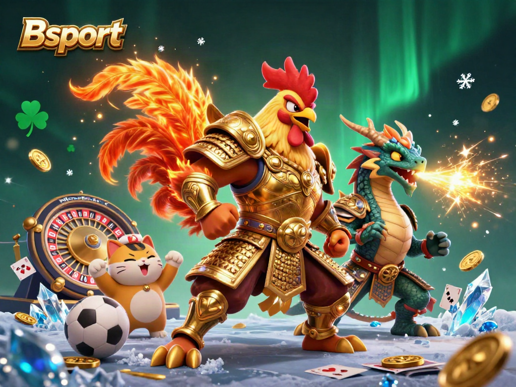 Experience the thrill of Bsport sports betting with an exciting illustration featuring a fighting rooster and dragon warrior.