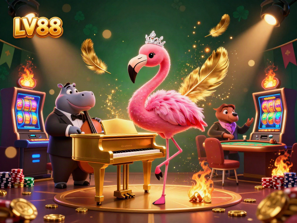 Experience vibrant slots and gaming action at LV88 with lively characters in this 3D casino scene.