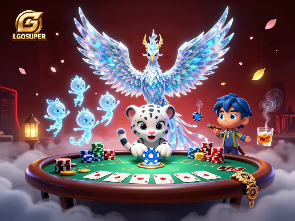 Experience the excitement of LGOSUPER with a vibrant 3D casino illustration featuring poker elements.