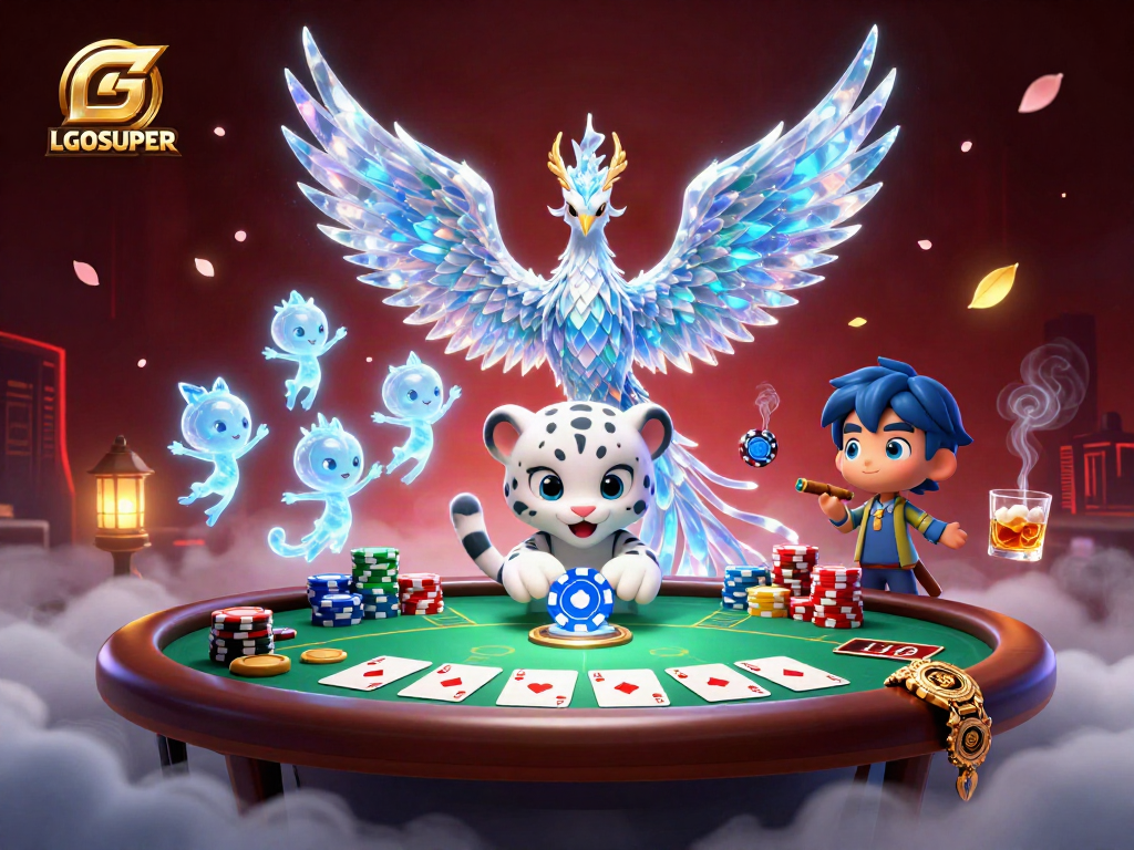 Experience the excitement of LGOSUPER with a vibrant 3D casino illustration featuring poker elements.