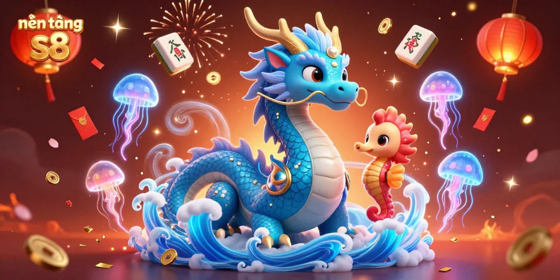 Experience the excitement with nền tảng s8 at this vibrant illustration, showcasing a dragon and sea creatures in a dynamic casino theme.