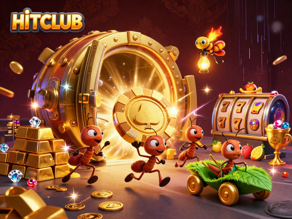 Engage with HITCLUB's exciting adventure of a heist with cartoon ants and treasures in a vibrant casino