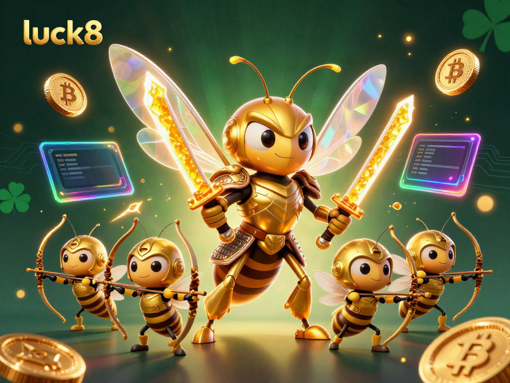 Experience thrilling wins with luck8 in a vibrant 3D casino scene featuring epic characters and crypto elements.