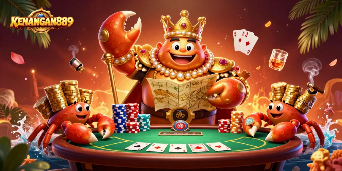 Experience the thrill of KENANGAN889 with a cartoon illustration of a golden crab emperor at a vibrant poker table.