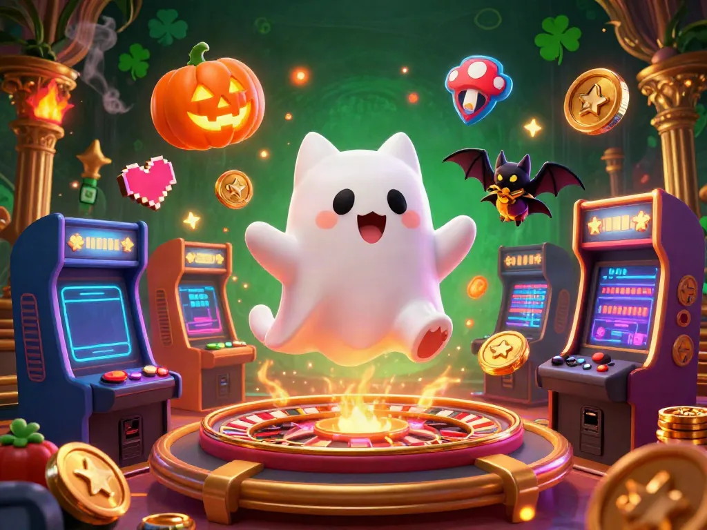 Experience gaming excitement with NET 88's ghost cat and bat in a haunted casino scene.