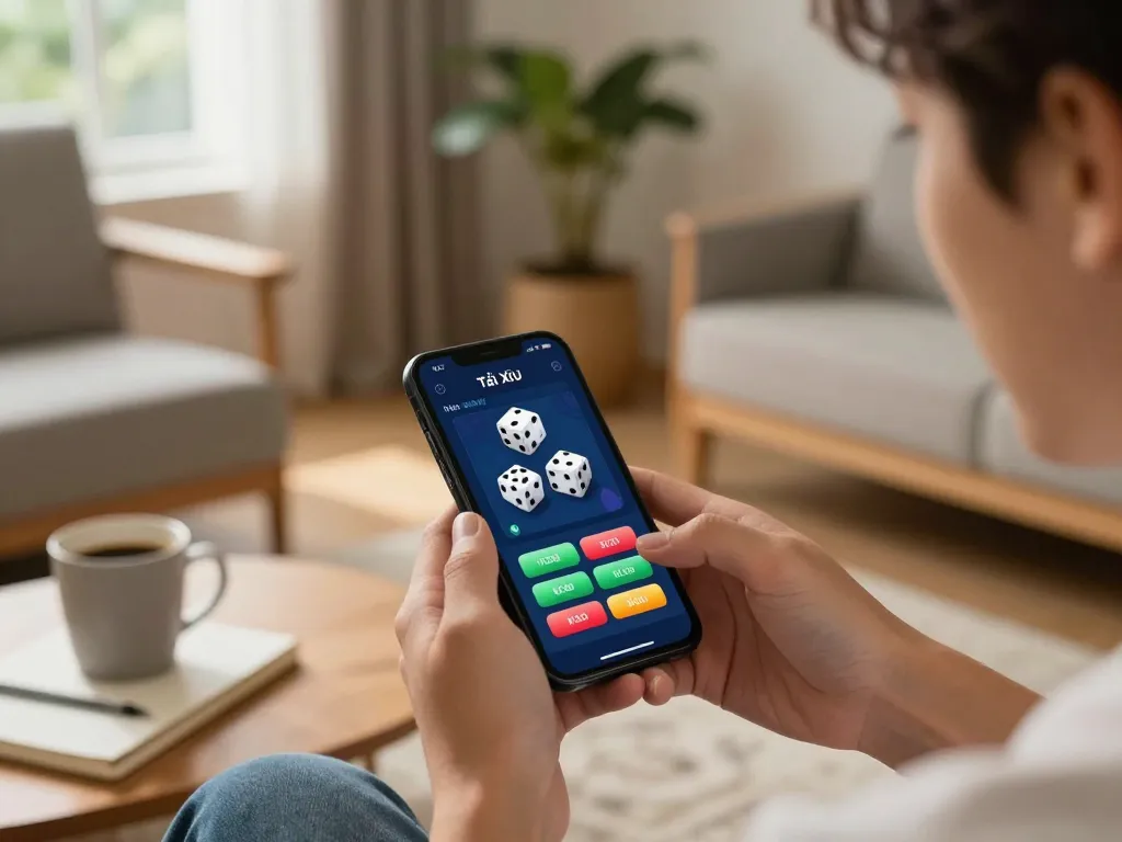 TaiXiuOnline8 user engaging with mobile app for online gambling in a cozy home setting.