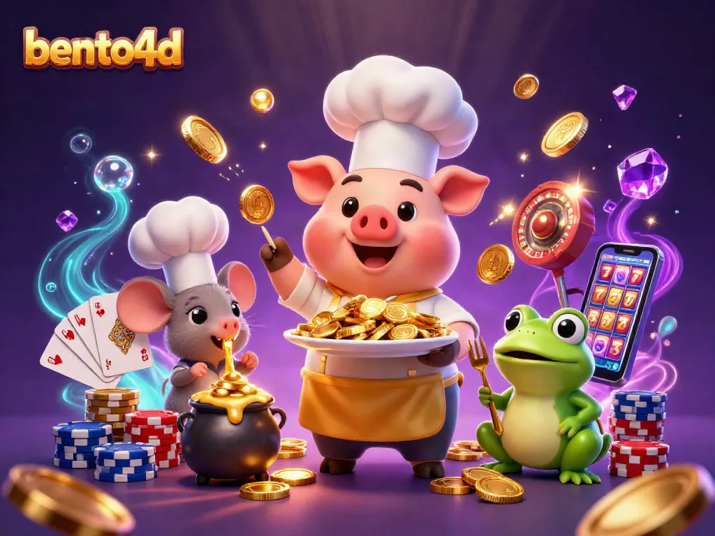 Experience the thrill of bento4d with gold coins and lively characters in a vibrant casino illustration.