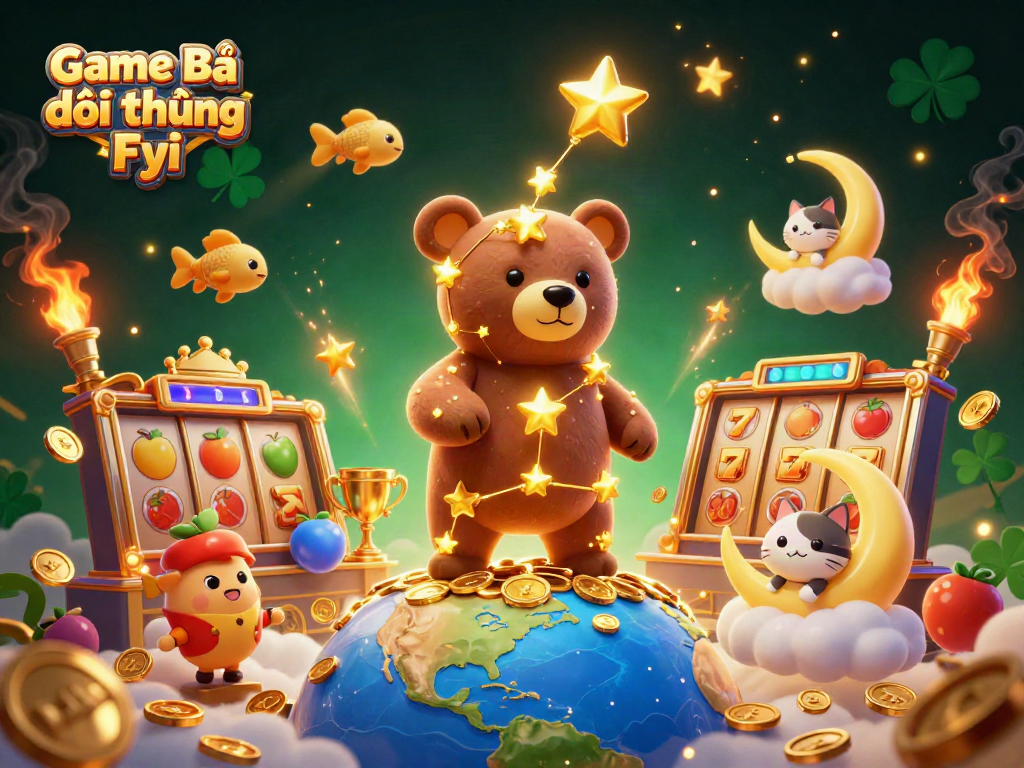 Engage with Game Bài Đổi Thưởng Fyi in an ultra-detailed 3D casino illustration featuring golden stars, coins, and dynamic slot elements.