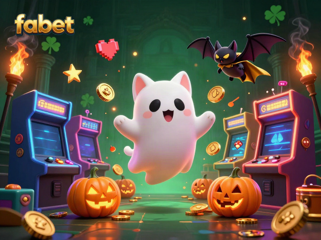 Experience the thrill of fabet with a ghost cat and vampire bat in a haunted casino scene.