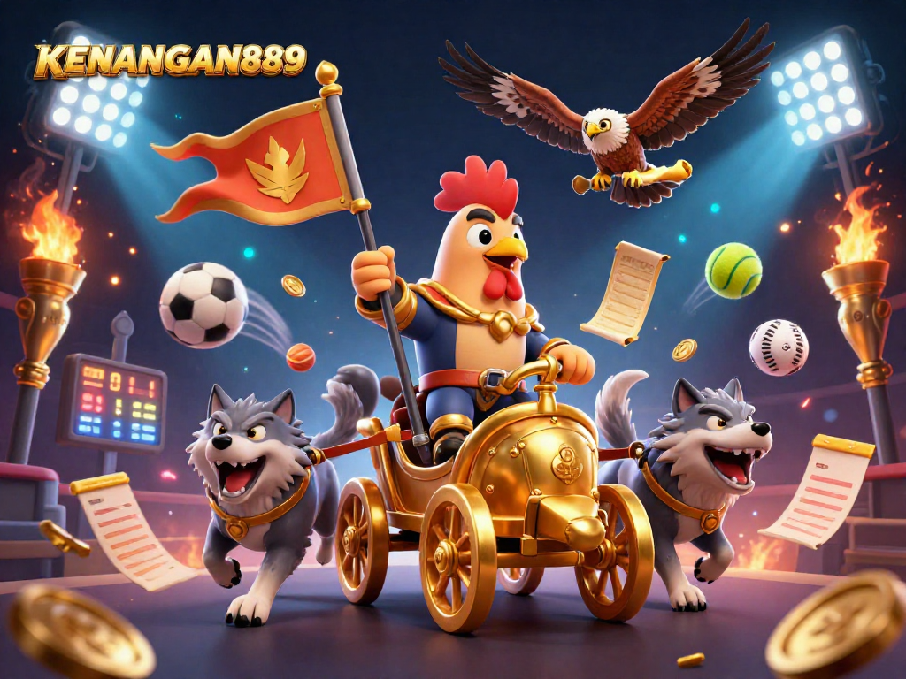Experience KENANGAN889 with a thrilling 3D casino scene depicting sports betting excitement and vibrant energy.
