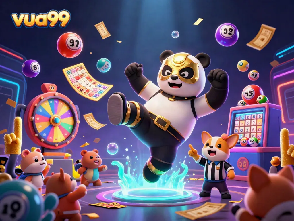 Experience the thrill of gaming with vua99 in this engaging 3D illustration of a panda wrestler and vibrant game elements.