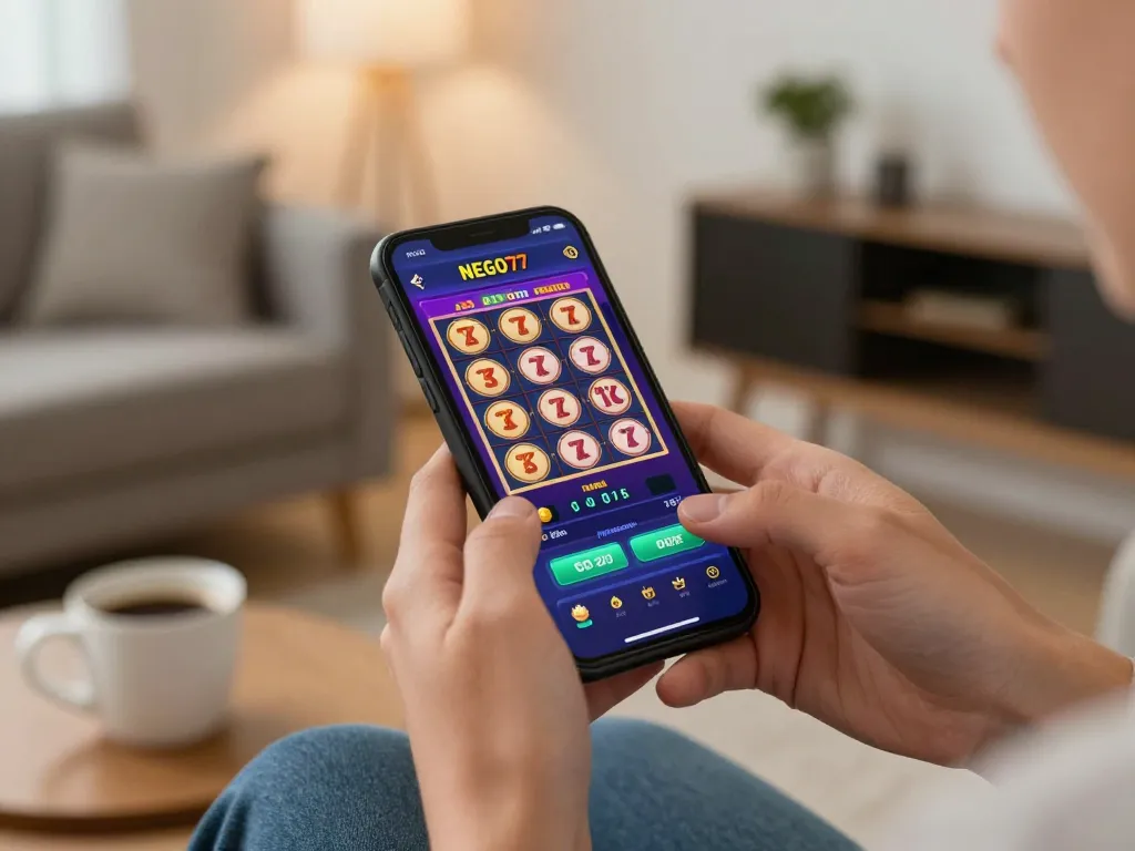 Player using NEGO77 app for exciting mobile casino gaming, showcasing vibrant slots