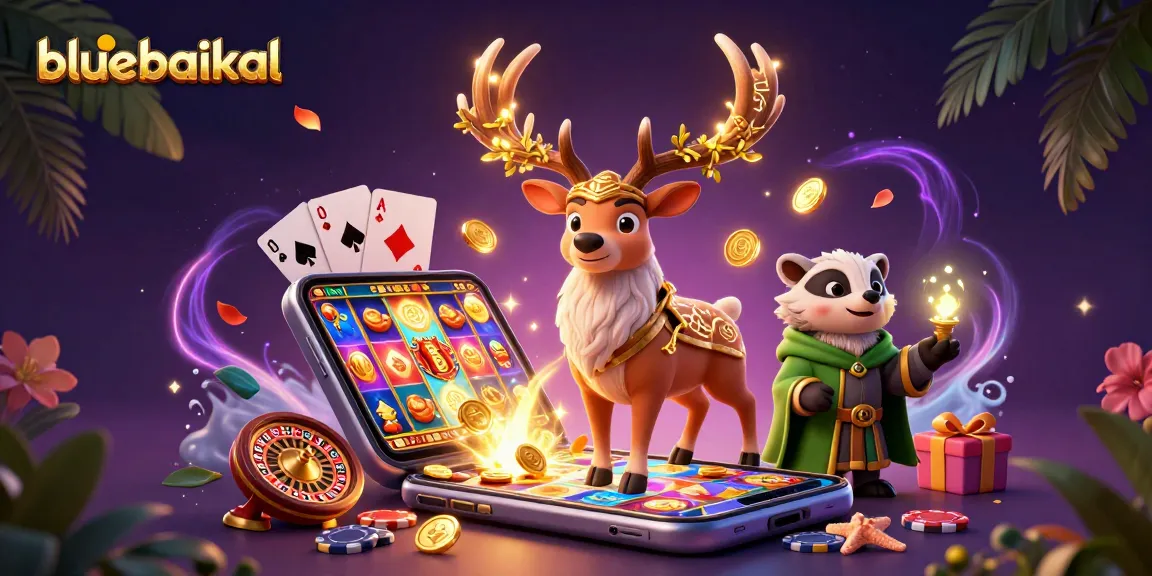 Experience the thrill of bluebaikal with a vibrant 3D casino scene featuring slot games and playful characters.