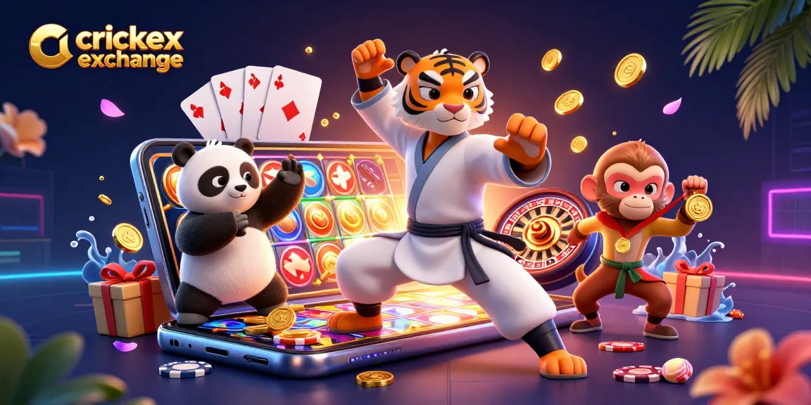 Experience the thrill of crickex exchange with a vivid 3D illustration of a kung fu tiger, panda, and monkey amid vibrant casino elements.