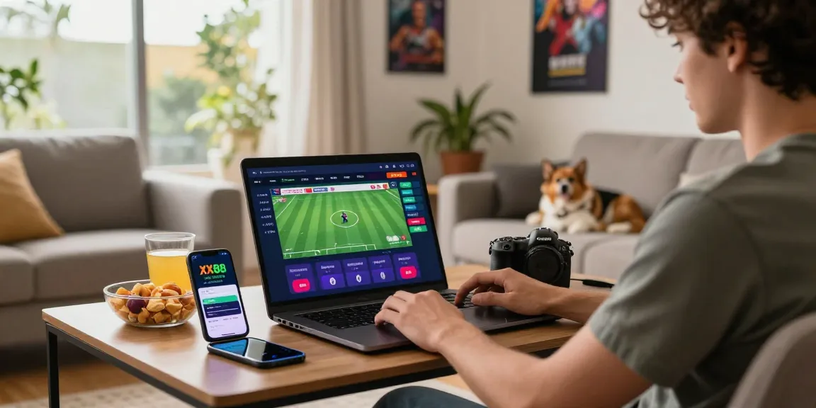 Player engaging with the XX88 online gaming platform in a cozy living room, showcasing the interactive and community aspects of online betting.