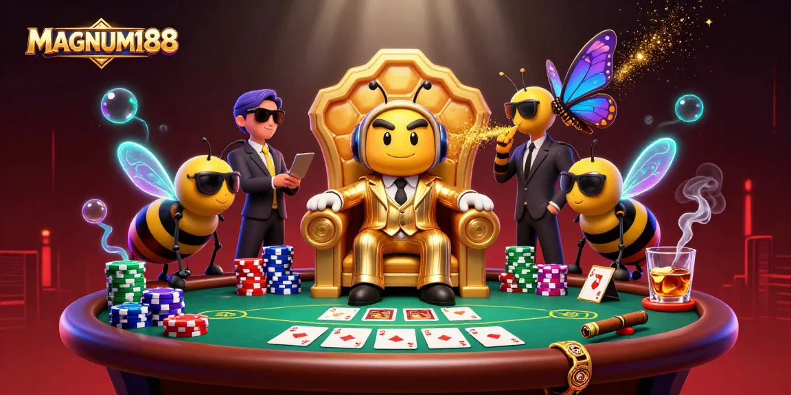 Experience MAGNUM188's vibrant online betting scene with a cartoon mob boss and lively gaming elements.