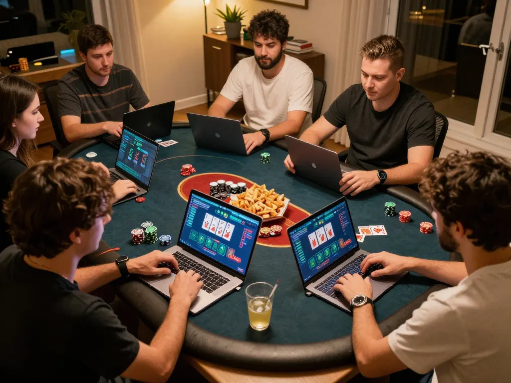 Players engaging in an online poker session at home with xx88 mobile app interface displayed