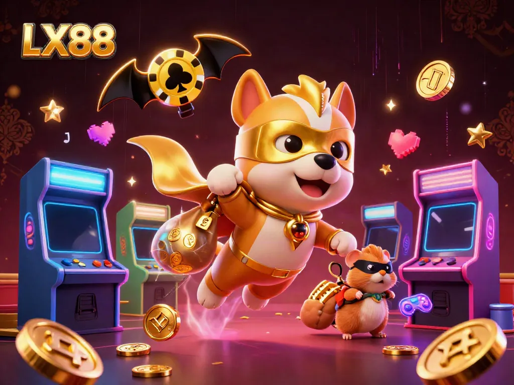 Join the action on LX88 as a superhero dog and hamster soar through a colorful casino-themed adventure.