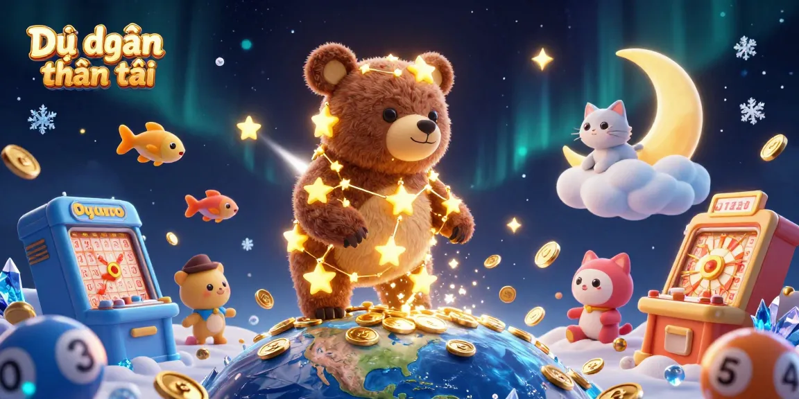 Dự đoán thần tài showcases a colorful 3D lottery theme with constellation bear and lucky elements.