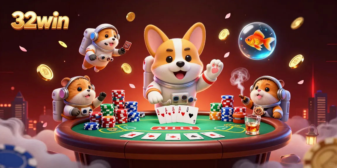 Engage with 32win casino adventure featuring an astronaut corgi amidst floating poker chips and golden coins.
