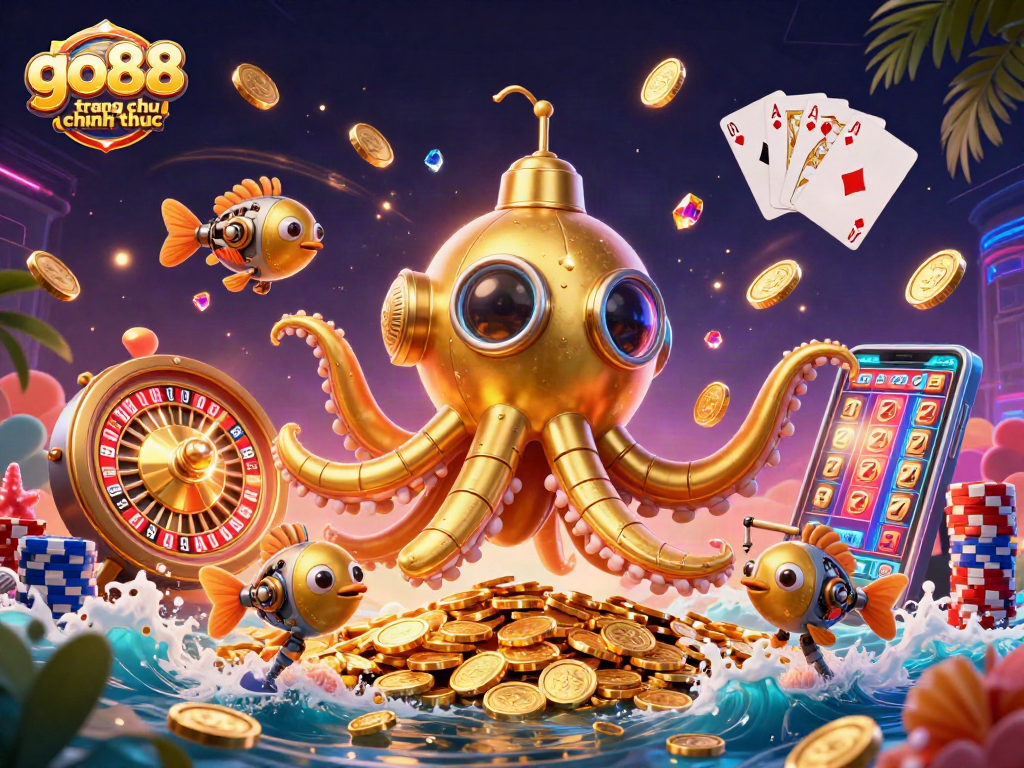 Experience the thrill of go88 trang chu chinh thuc with a dynamic golden kraken amidst casino games.