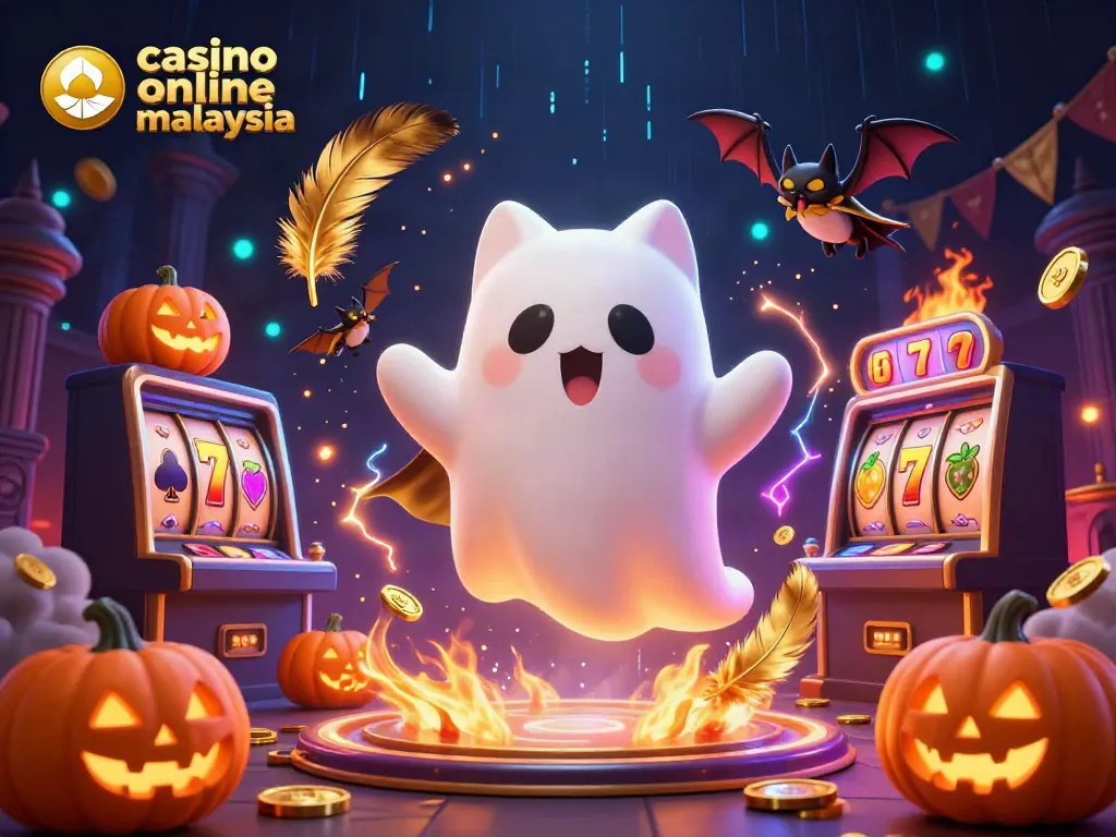 Experience thrilling gameplay at casino online malaysia with a friendly ghost cat and vampire bat in a vibrant casino atmosphere.