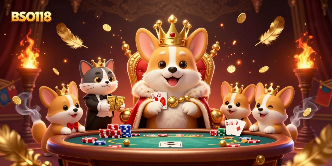 Experience the vibrant BSO118 royal corgi casino scene, filled with poker elements and festive gold.