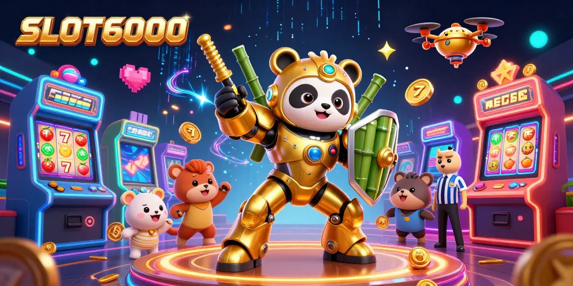 SLOT6000 showcases a dynamic 3D illustration with a golden panda in a mech-suit, hitting jackpot in an arcade-themed casino.