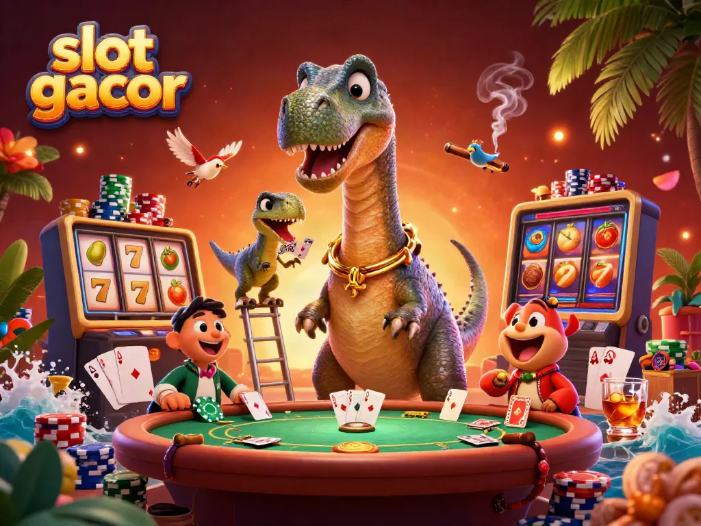 Engaging scene showcasing the excitement of slot gacor with a large dinosaur and a clever raptor