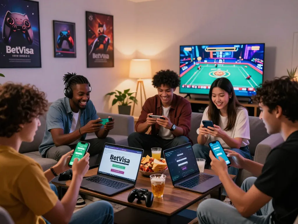 Eager friends sharing their BetVisa referral codes in a lively gaming environment.